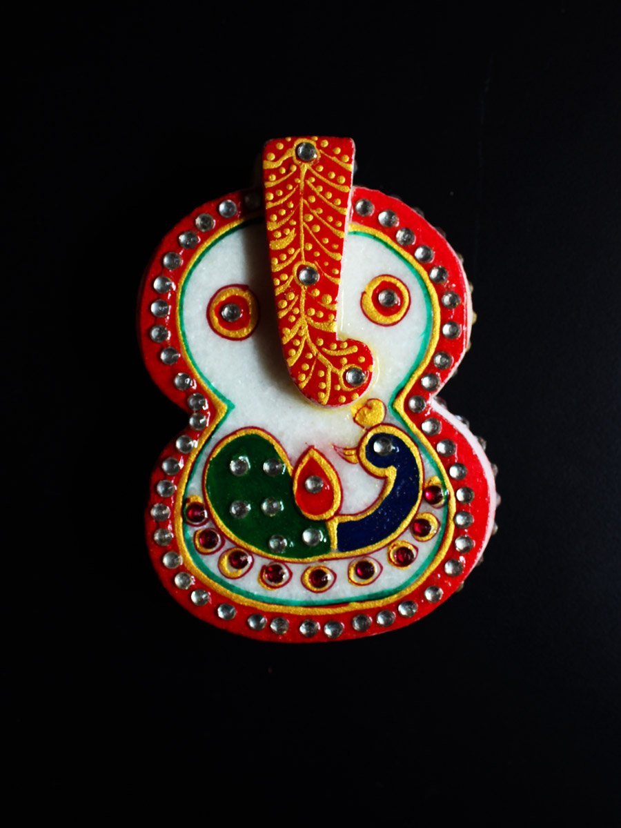 Kundanwork-peacock-design-marble-roli-chawal-box-.jpg Kundan studded peacock design marble kumkum box - Image 1