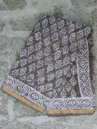 Leaves Block-printed Grey-Brown Kota cotton saree