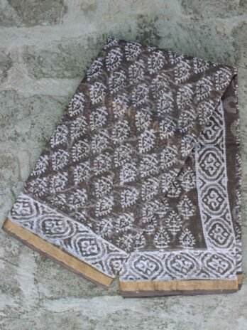 Leaves Block-printed Grey-Brown Kota cotton saree
