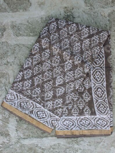 Leaves Block-printed Grey-Brown Kota cotton saree