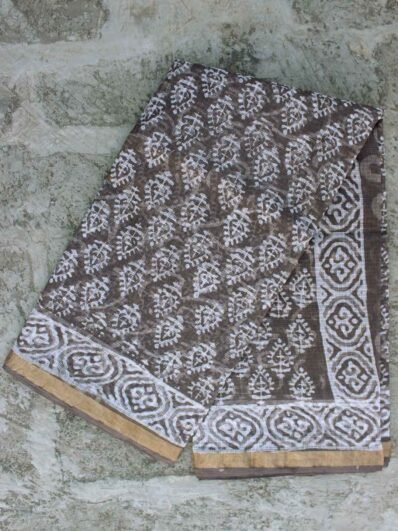 Leaves Block-printed Grey-Brown Kota cotton saree