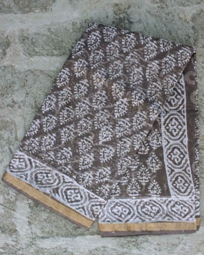 Leaves Block-printed Grey-Brown Kota cotton saree