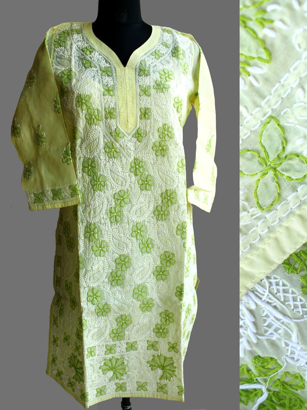 Lemon-yellow-and-green-chikankari-cotton-ladies-kurta.jpg Lemon Yellow and Green Chikankari Cotton Ladies Kurta - Image 1