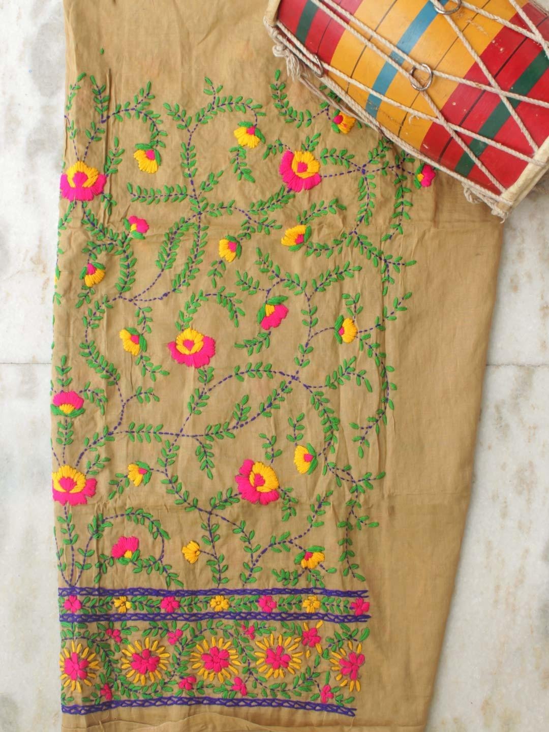 Light-brown-phulkari-punjabi-salwar-fabric.jpg Light-Brown Phulkari Cotton Salwar fabric - Image 1