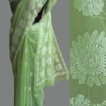Lime-green georgette Chikankari Sari