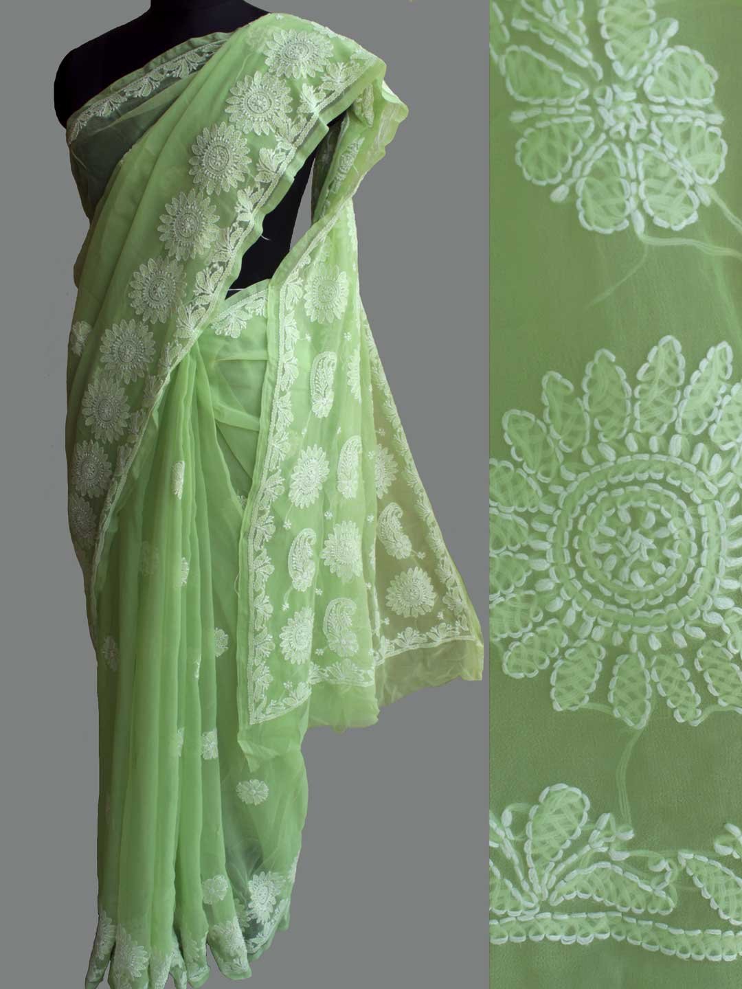 Lime-green-Lucknow-chikankari-georgette-saree.jpg Lime-green georgette Chikankari Sari - Image 1