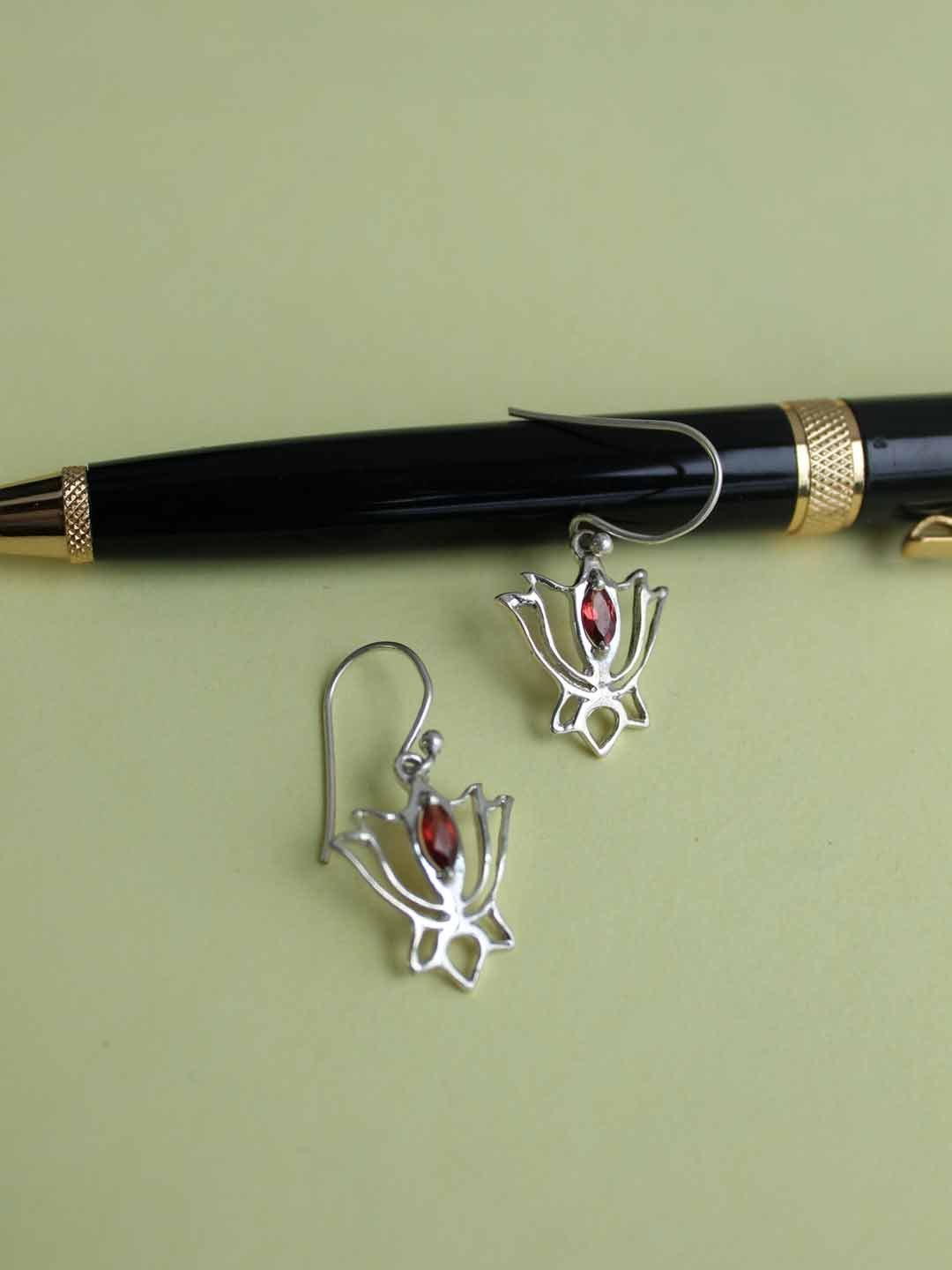 Lotus-Garnet-real-silver-earrings.jpg Lotus, Garnet-Pure Silver Earrings - Image 1