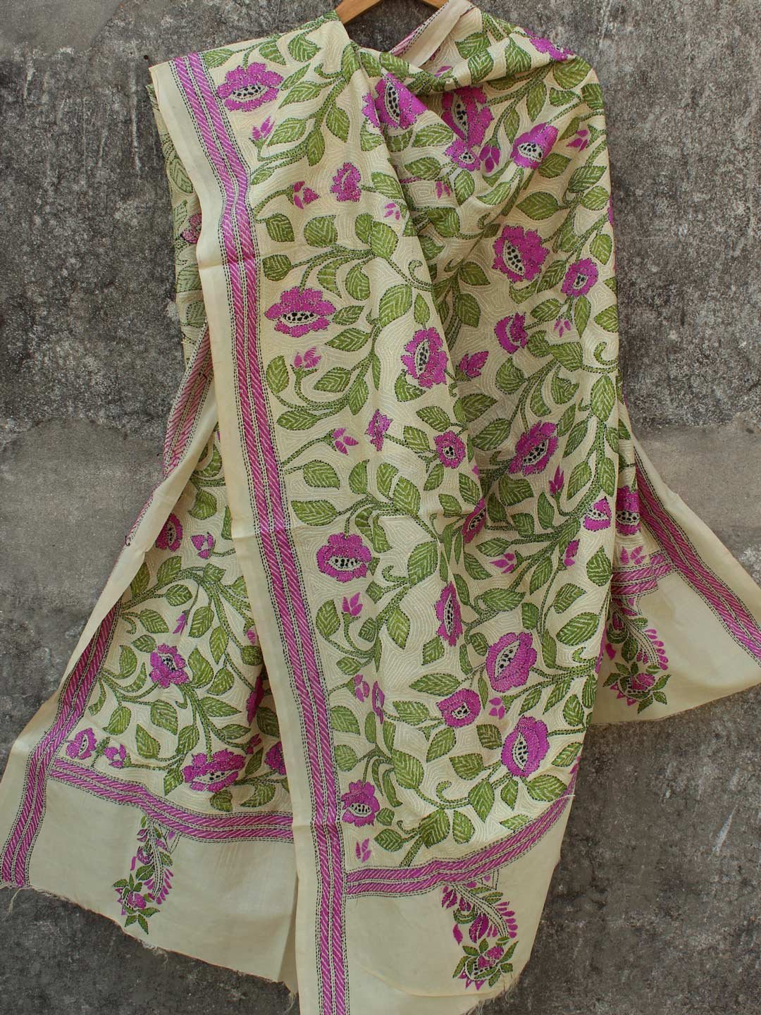 Lotus-kanthawork-Tussar-silk-dupatta.jpg Lotus kanthawork Tassar silk Dupatta - Image 1