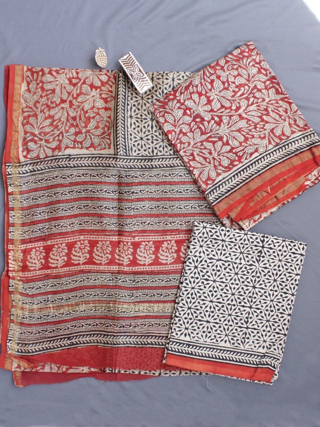 Madder-Red-and-Beige-Block-Printed-Chanderi-Ladies-Suit.jpg Madder-Red and Beige Block-Printed Chanderi Ladies Suit - Image 1