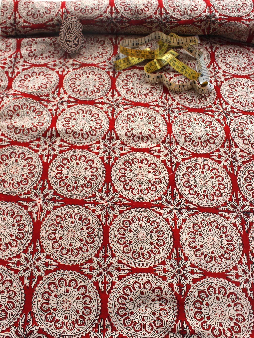 Madder-Red-floral-hand-block-printed-mul-cotton-kurta-fabric.jpg Madder-Red Block-Printed pure cotton Fabric - Image 1