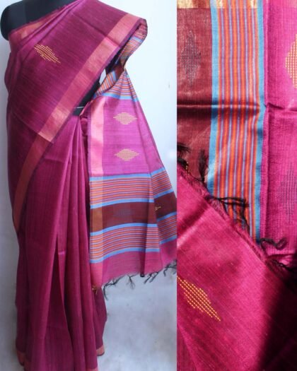 Magenta and Brown Mulberry Dupion Silk Saree