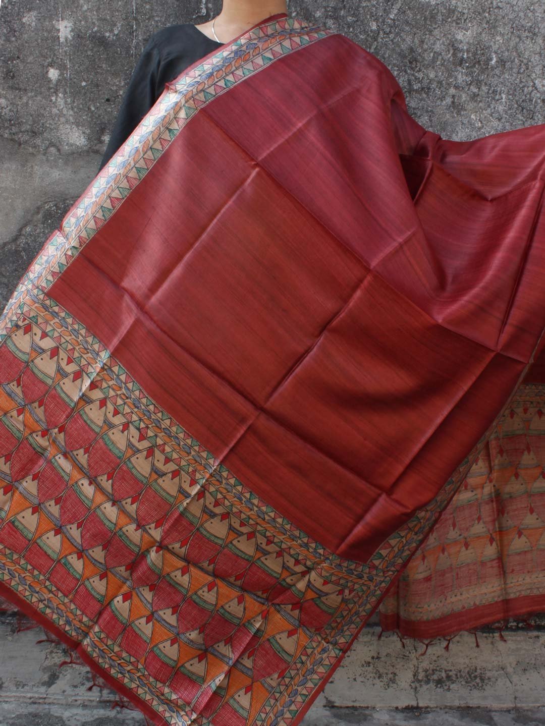 Maroon-Red-Madhubani-handpainted-tassar-dupatta.jpg Maroon Madhubani Handpainted Tassar Dupatta - Image 1
