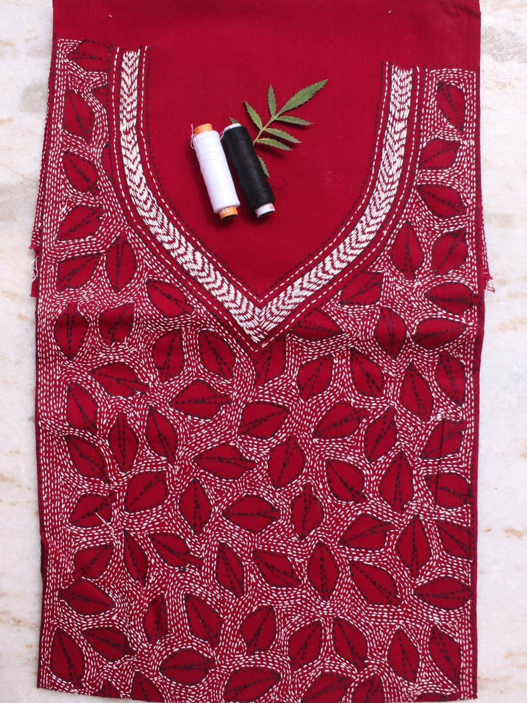 Maroon-Red-and-white-kanthawork-cotton-kurta-fabric.jpg Maroon-Red Kantha cotton kurta fabric - Image 1