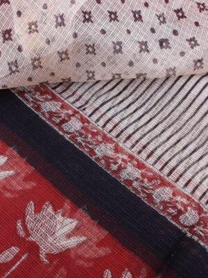 Maroon-and-Off-white-Bagru-printed-Kota-doria-sari