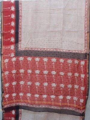 Maroon-and-off-white-Hand-printed-Kota-doriya-saree