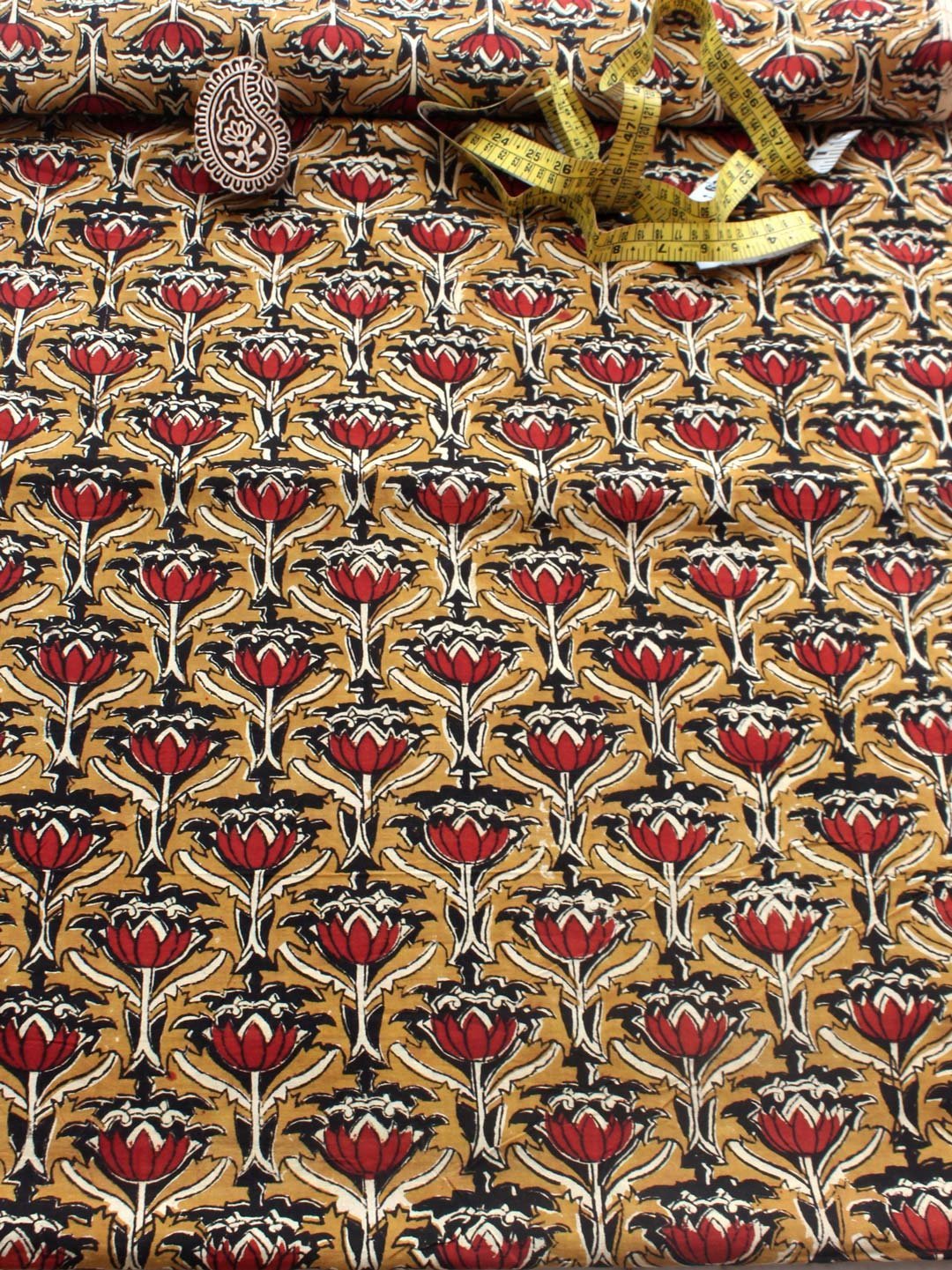 Mud-yellow-Red-lotus-Bagru-Block-print-cotton-fabric-Shilphaat.jpg Mustard-yellow Bagru Block Printed Cotton Fabric - Image 1