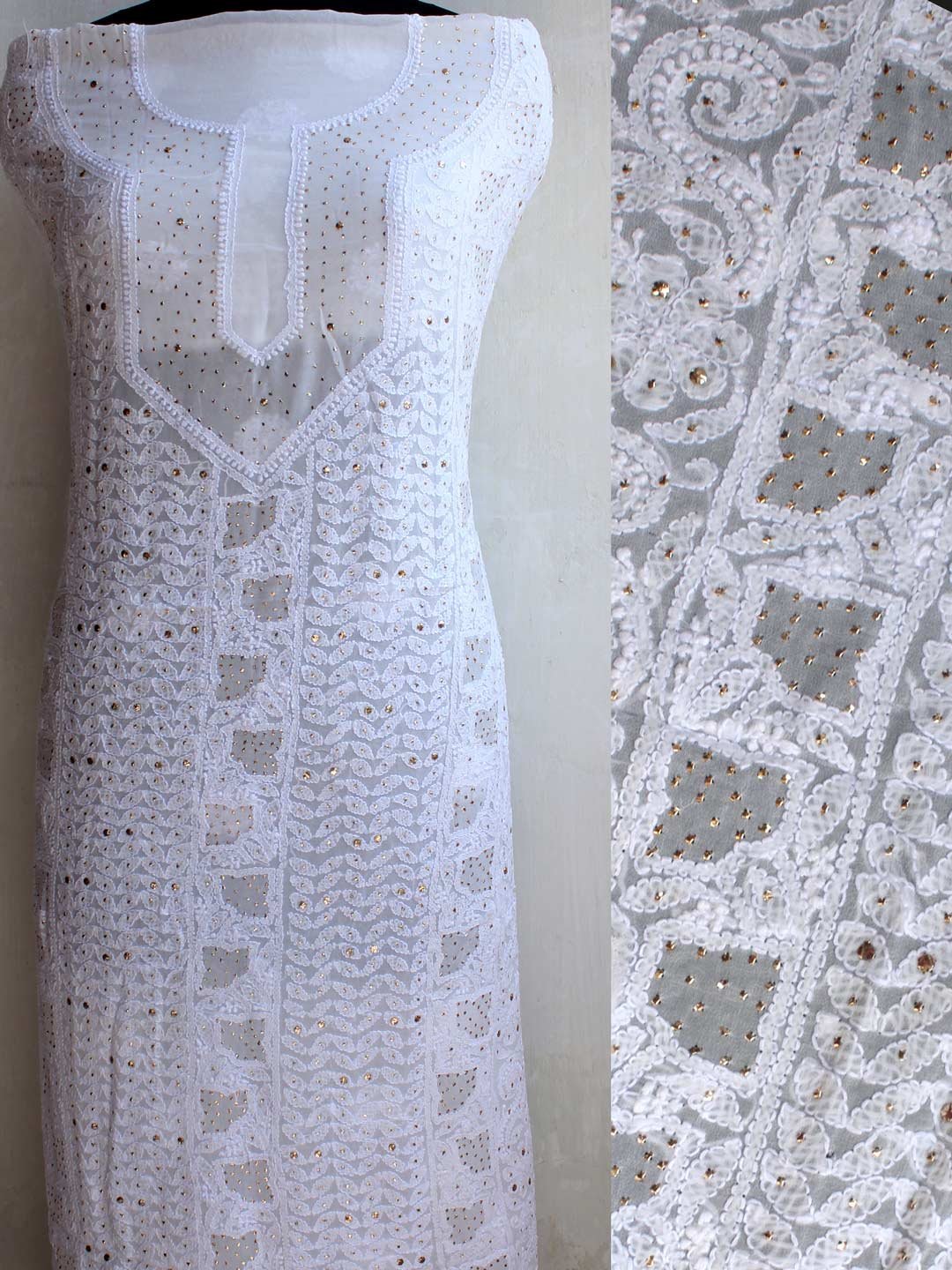 Mukaish-chikankari-white-georgette-ladies-kurta-fabric.jpg White mukaish Chikankari georgette Kurta Fabric - Image 1