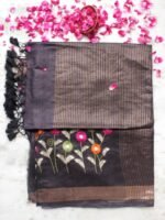 Embroidered, Black Desi tussar silk Sari