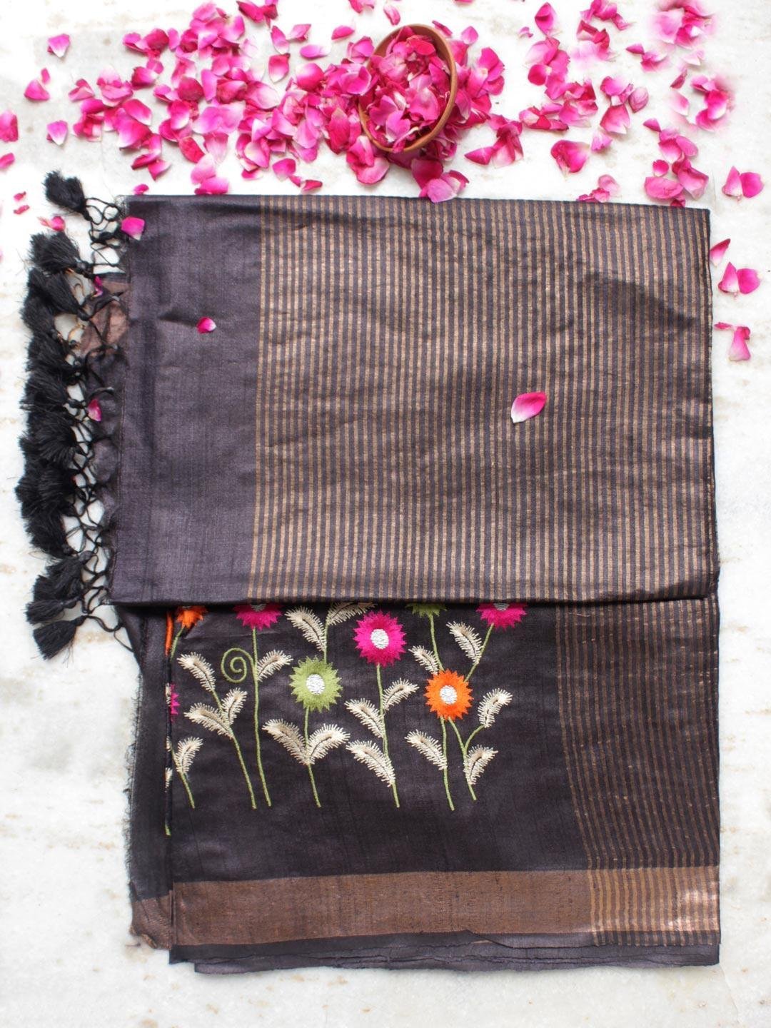 Multicolour-embroidered-Black-desi-tassar-silk-sari.jpg Embroidered, Black Desi tussar silk Sari - Image 1