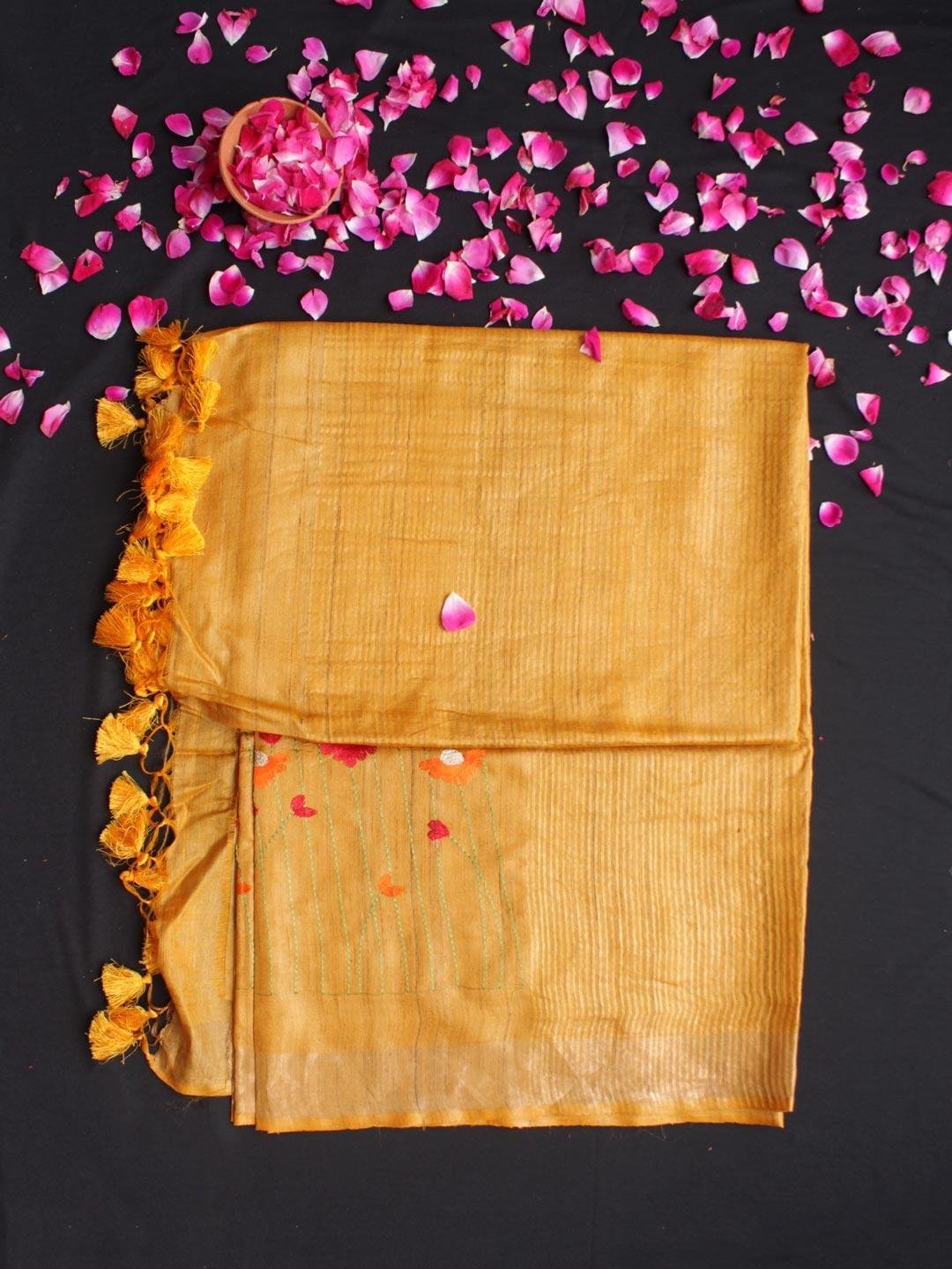 Multicolour-embroidered-Yellow-desi-bhagalpuri-silk-saree.jpg Golden-yellow Embroidered Desi Tussar silk Saree - Image 1