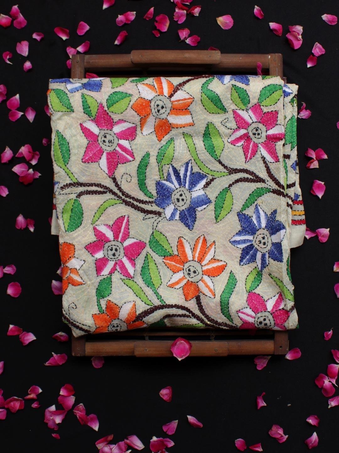Multicolour-flowers-Nakshi-kantha-silk-dupatta.jpg Multicolour flower Kanthawork Silk Dupatta - Image 1