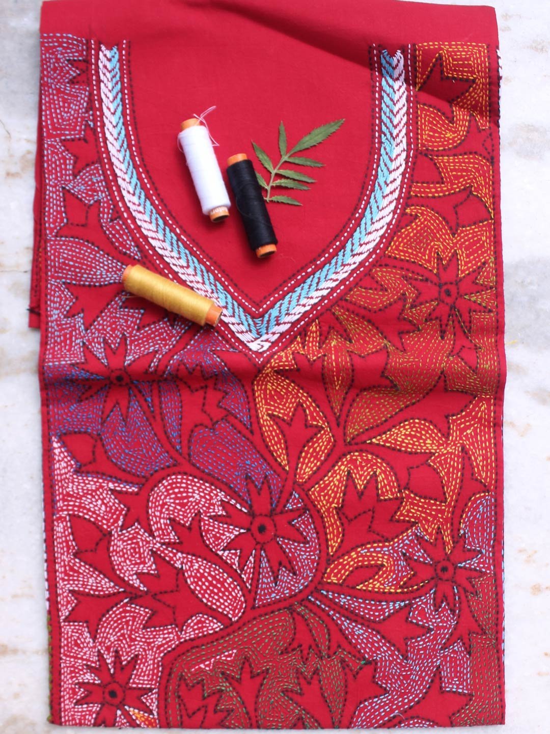 Multicolour-kanthawork-Red-cotton-kurta-fabric.jpg Multicolour Kantha on Red cotton Kurta Fabric - Image 1