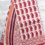 Off-white and Red-Pink Block-Printed Mul Cotton Sari