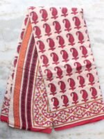 Off-white and Red-Pink Block-Printed Mul Cotton Sari