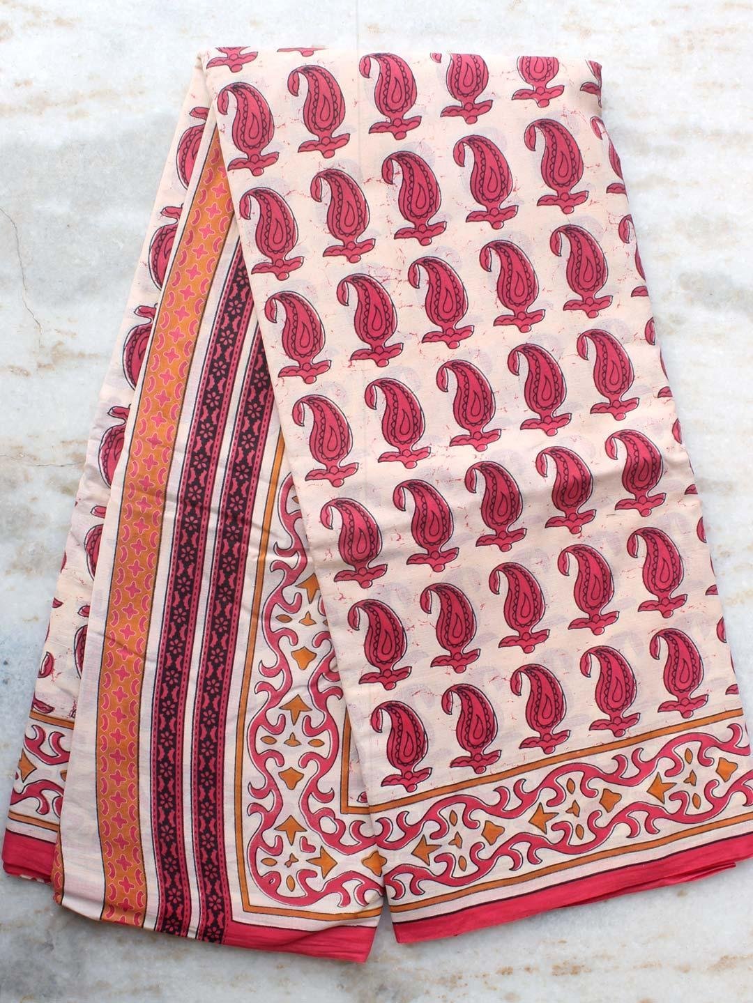 Off-white-and-reddish-pink-block-printed-pure-cotton-sari.jpg Off-white and Red-Pink Block-Printed Mul Cotton Sari - Image 1