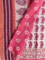 Off-white and Red-Pink Block-Printed Mul Cotton Sari - Image 3