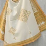 Off-white and Yellow Mirrorwork Bhujodi Shawl