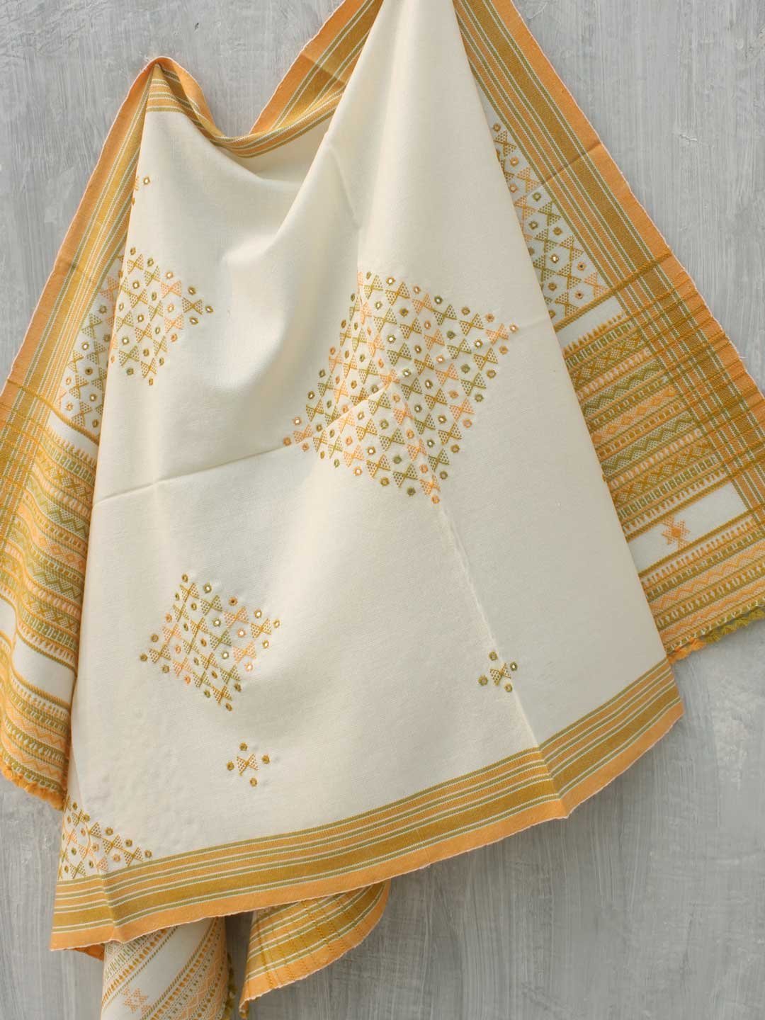 Off-white-and-yellow-Mirrorwork-Bhujodi-Shawl.jpg Off-white and Yellow Mirrorwork Bhujodi Shawl - Image 1
