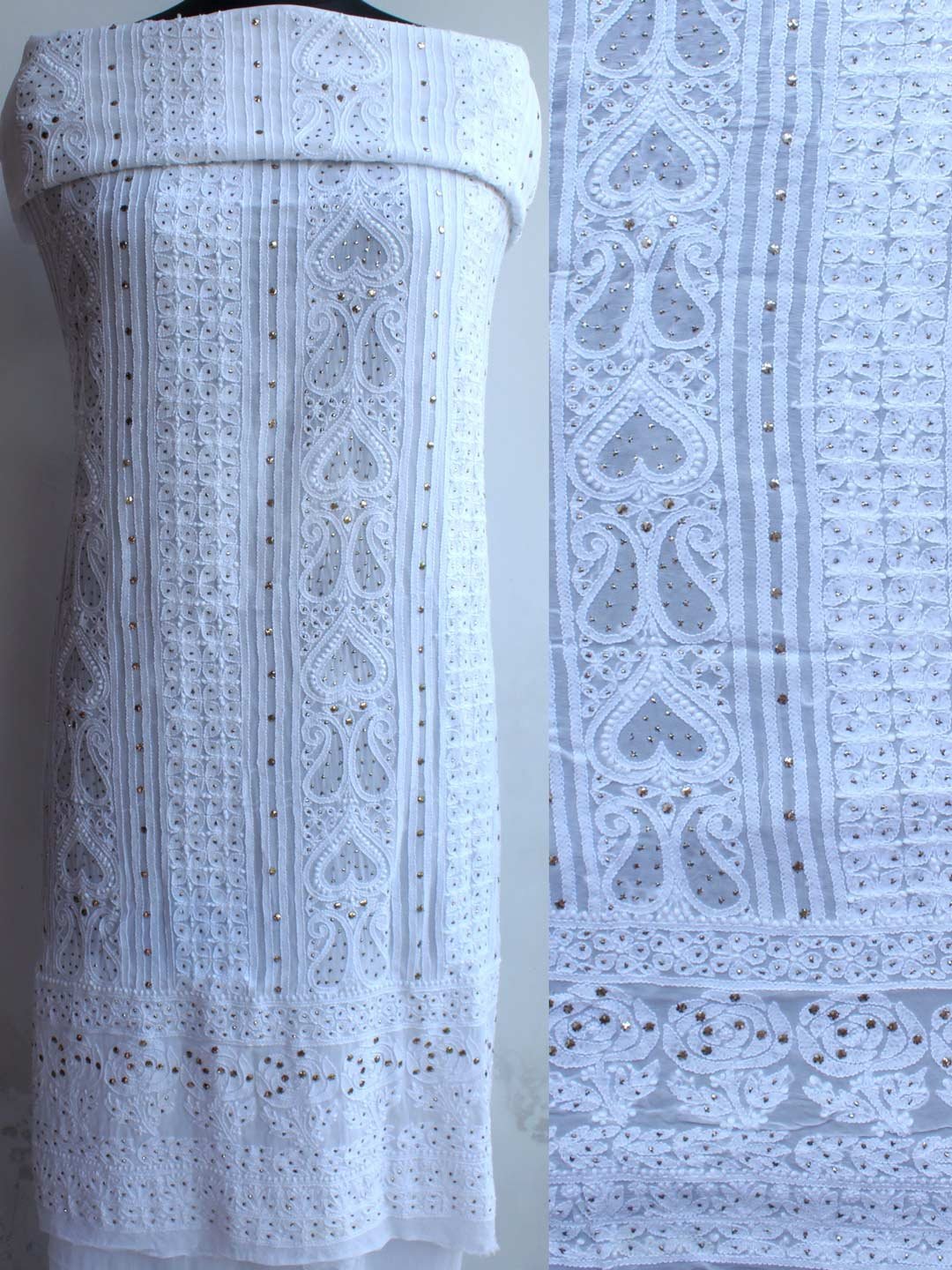 Paan-Buti-viscose-georegtte-chikankari-mukaish-kurta-fabric.jpg Paan Buti Mukaish Chikankari georgette kurta fabric - Image 1