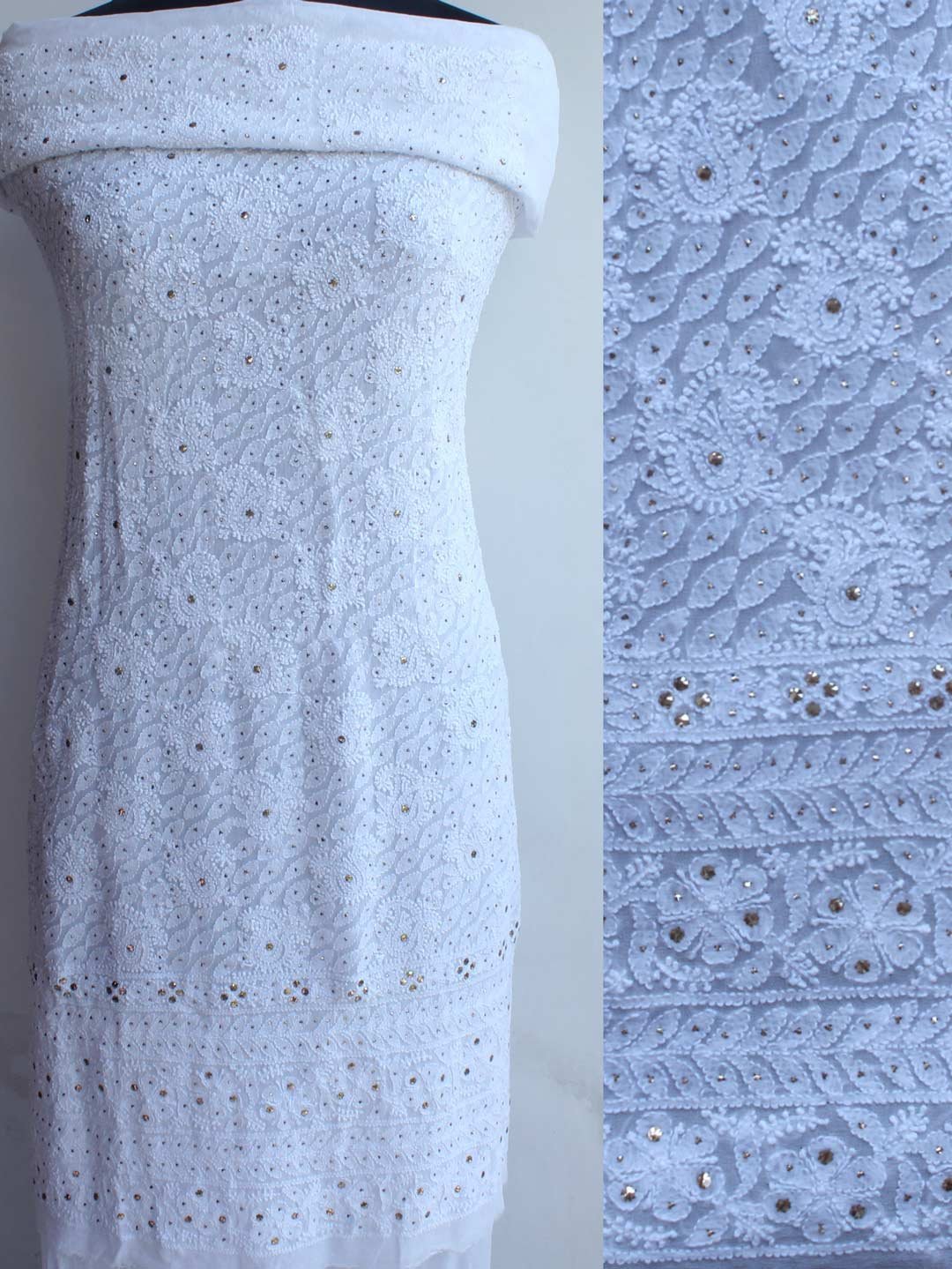 Paisley-and-leaves-viscose-georegtte-chikankari-mukaish-kurta-fabric.jpg Chikankari, Mukaishwork White Georgette Kurta Fabric - Image 1
