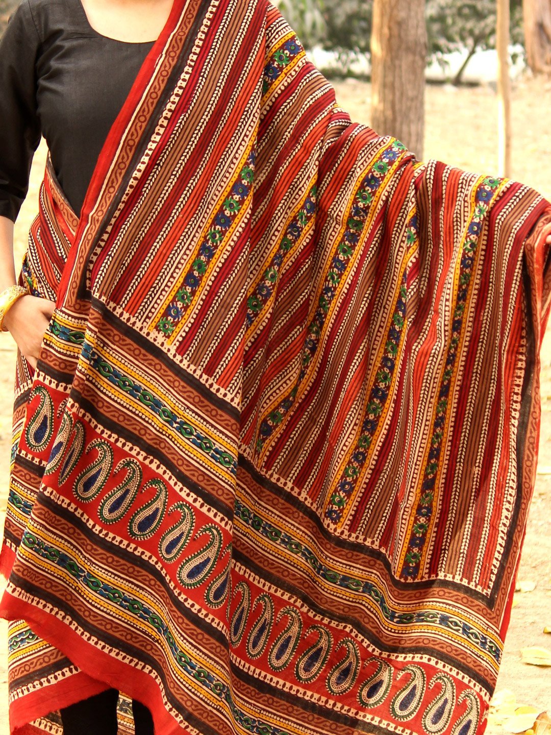 Paisley-border-bagru-block-printed-cotton-dupatta.jpg Bagru Hand-Block printed multicolor cotton Dupatta - Image 1