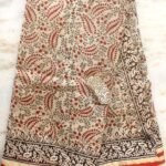 Red and Black Block printed Beige Chanderi Sari