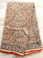Red and Black Block printed Beige Chanderi Sari
