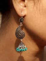 Torquoise and real silver Paisley Jhumka Earrings - Image 2