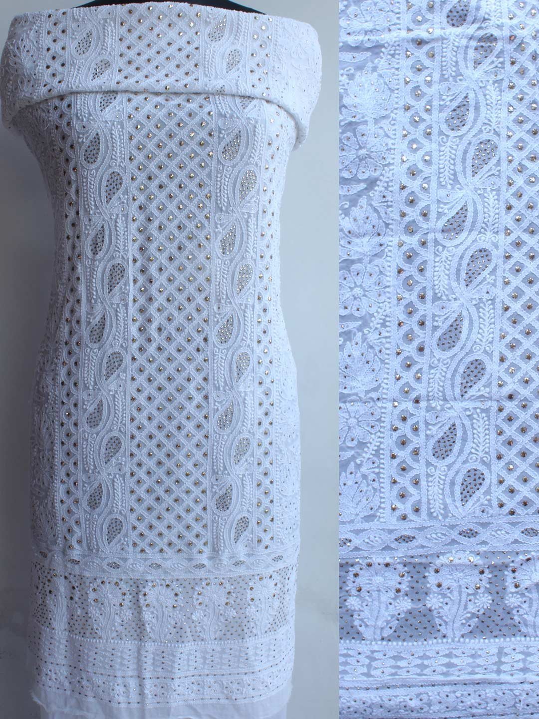 Paisleys-viscose-georegtte-chikankari-mukaish-kurta-fabric.jpg White Chikankari mukaish georgette Kurta Fabric - Image 1