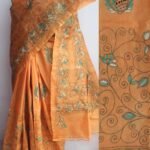 Peach Orange Kanthawork Tassar Silk Saree