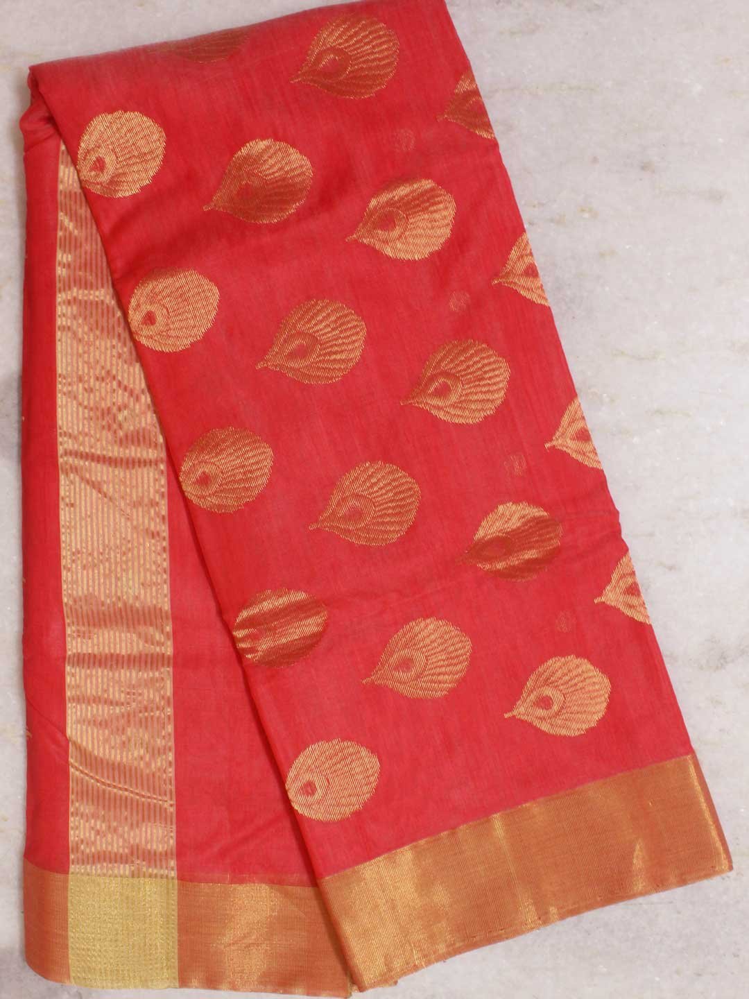 Peach-pink-zari-chanderi-handwoven-saree.jpg Peach-Pink Zari Chanderi Saree - Image 1