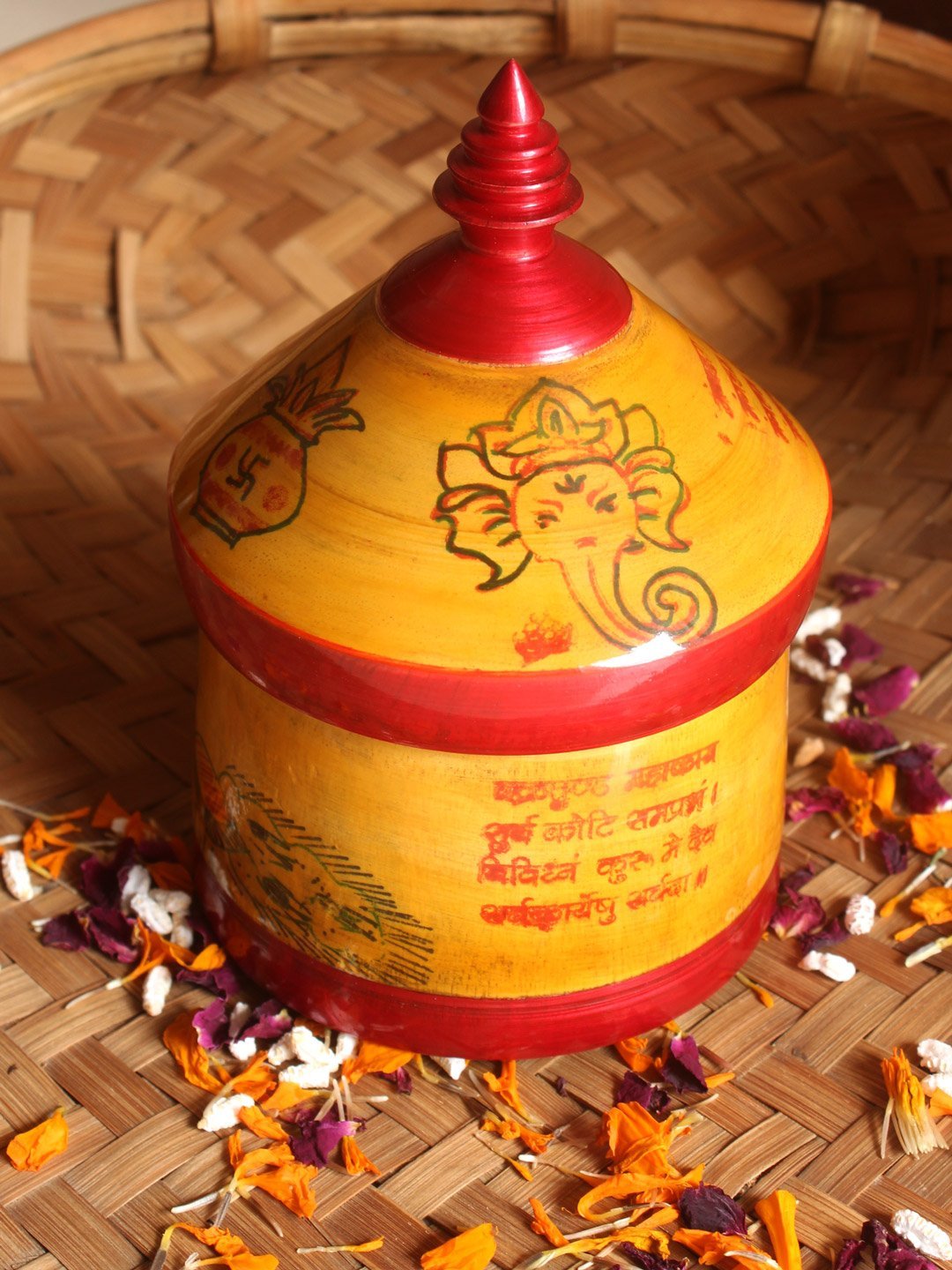 Peacock-ganesha-vishnu-shlok-on-yellow-wooden-sindoor-box.jpg Peacock, Ganesha, Vishnu Shlok on Yellow sindur box - Image 1