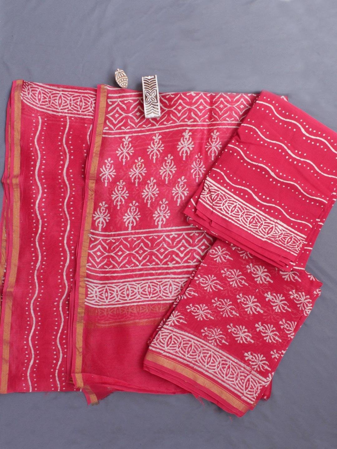 Pink-Red-Block-Printed-Silk-cotton-Dress-Material.jpg Pink-Red Block Printed Chanderi Dress-Material - Image 1