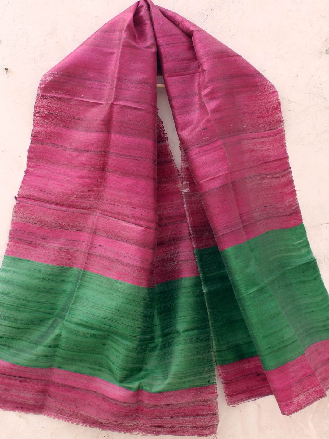 Pink-and-Green-ghicha-tussar-silk-stole.jpg Pink and Green Ghicha Tussar silk stole - Image 1
