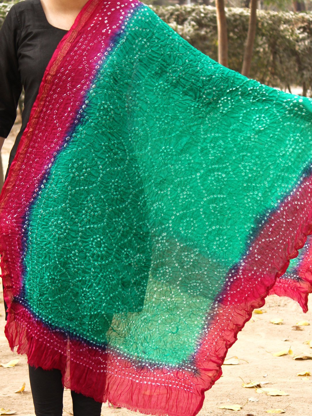 Pink-border-dark-green-polysilk-bandhani-dupatta.jpg Pink border, Green poly-silk Bandhani Dupatta - Image 1