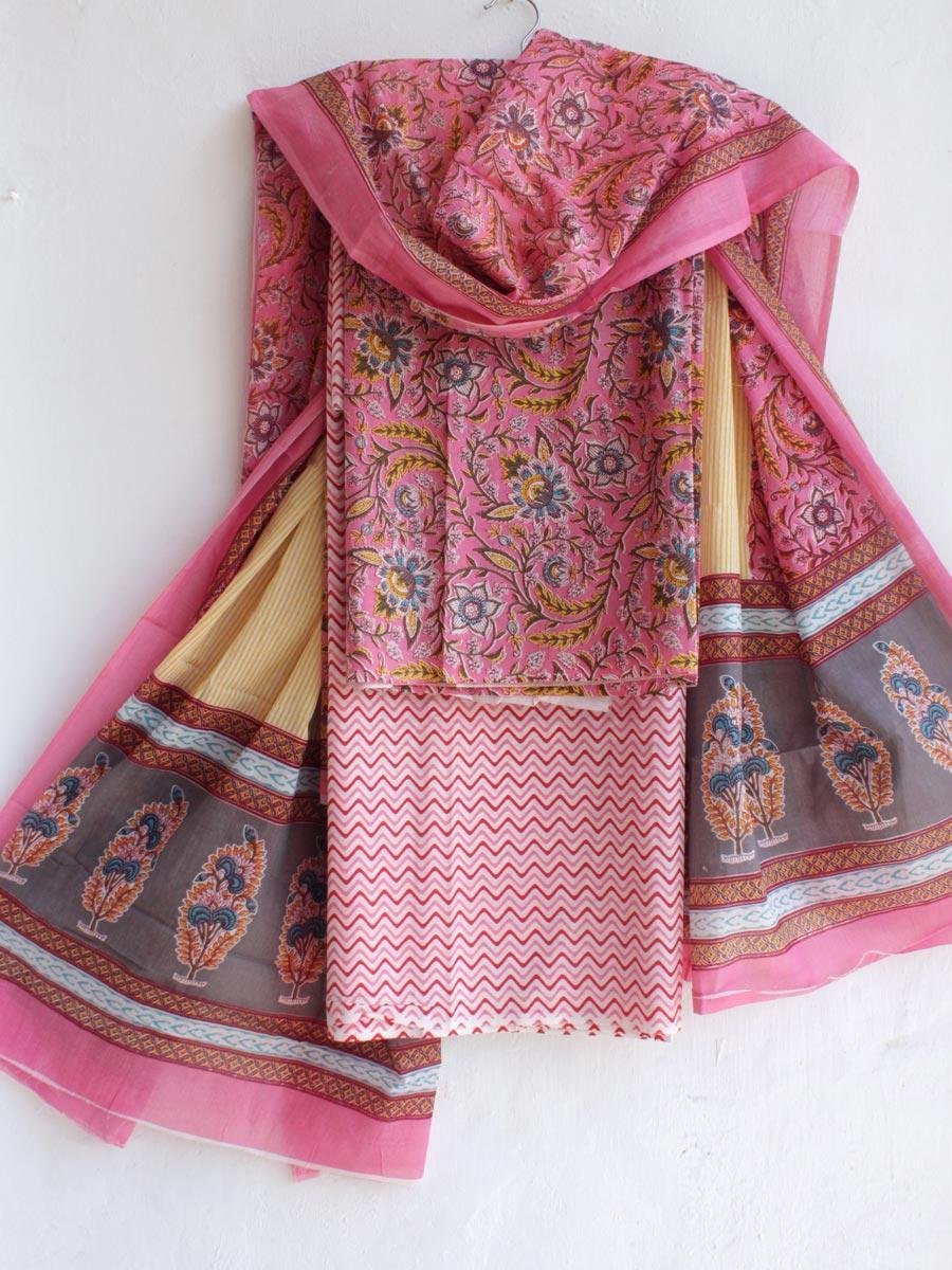 Pink-yellow-and-white-sanganeri-print-pure-cotton-dress-material.jpg Pink, Yellow, White Sanganeri cotton Dress-material - Image 1