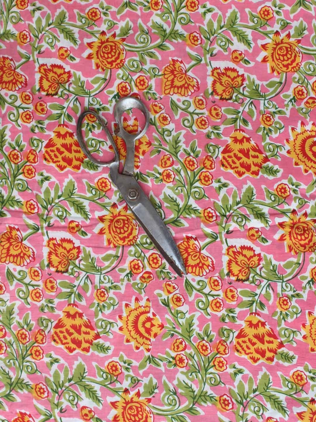 Pink-yellow-green-Sanganeri-block-print-cotton-kurta-fabric.jpg Pink, Yellow, Green Sanganeri Print cotton fabric - Image 1