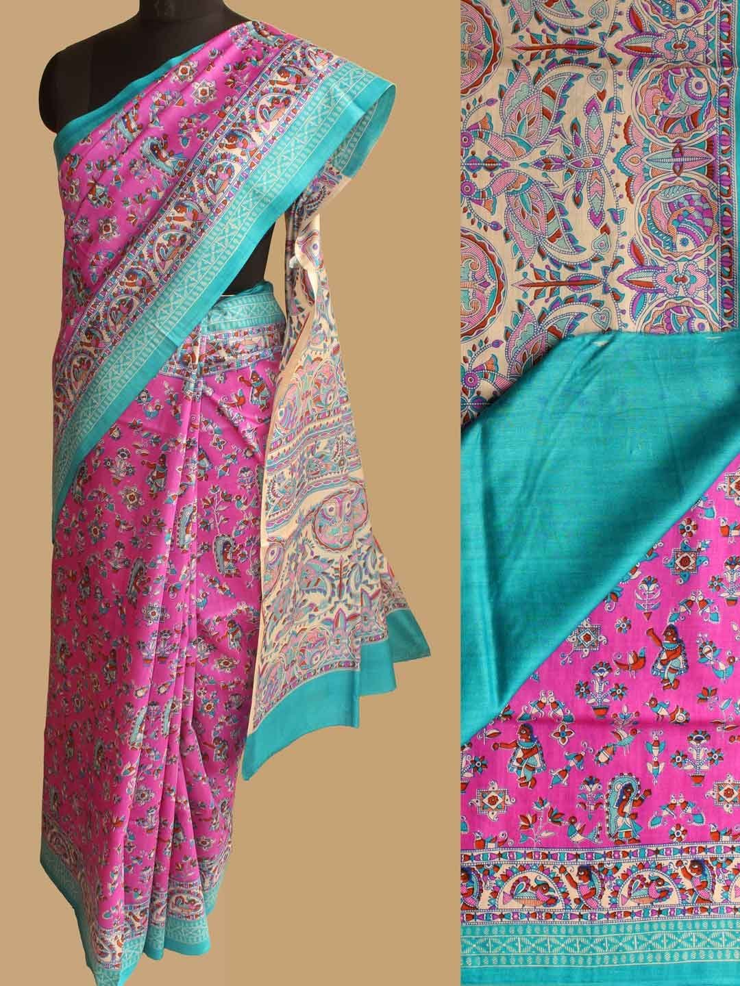 Pirple-and-blue-madhubani-muga-tussar-silk-saree.jpg Madhubani on Purple Muga-Tussar silk sari - Image 1