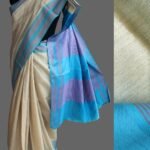 Beige and blue Muga-tussar silk Sari