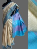Beige and blue Muga-tussar silk Sari